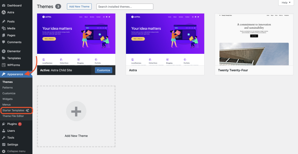Appearance > Starter Templates